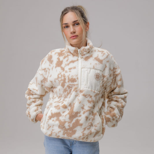Celtic Crest Women's White Beige Print Quarter Zip Fleece