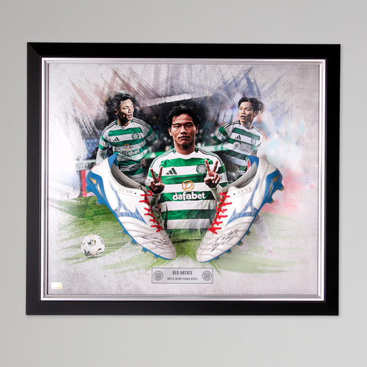 Celtic 2024/25 Reo Hatate Match Worn Framed Signed Boots